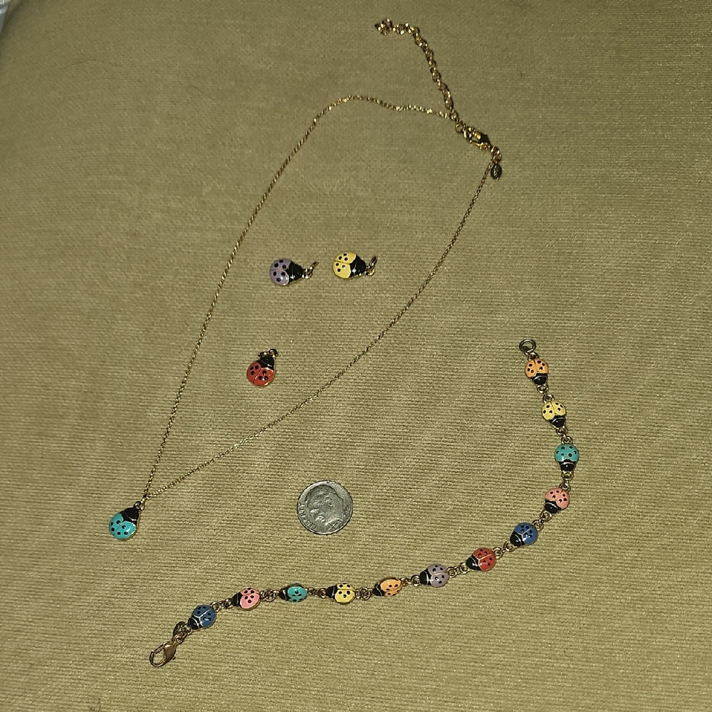 Colorful Gold Joan Rivers Beetle/Bug Necklace And Bracelet Set w 3 Xtra Charms